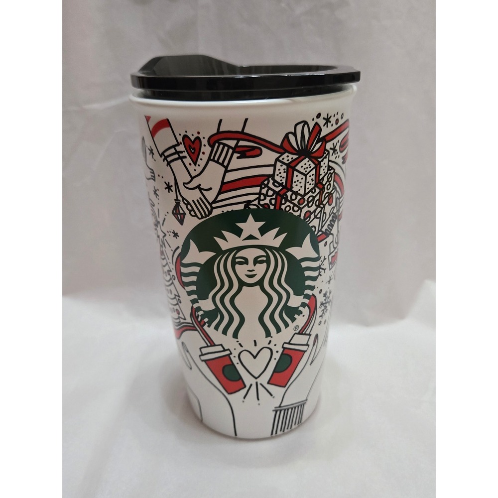 Starbucks 2017 Coffee Mug 12 fl oz Holiday Doodle‎ Art Ceramic Travel Tumbler